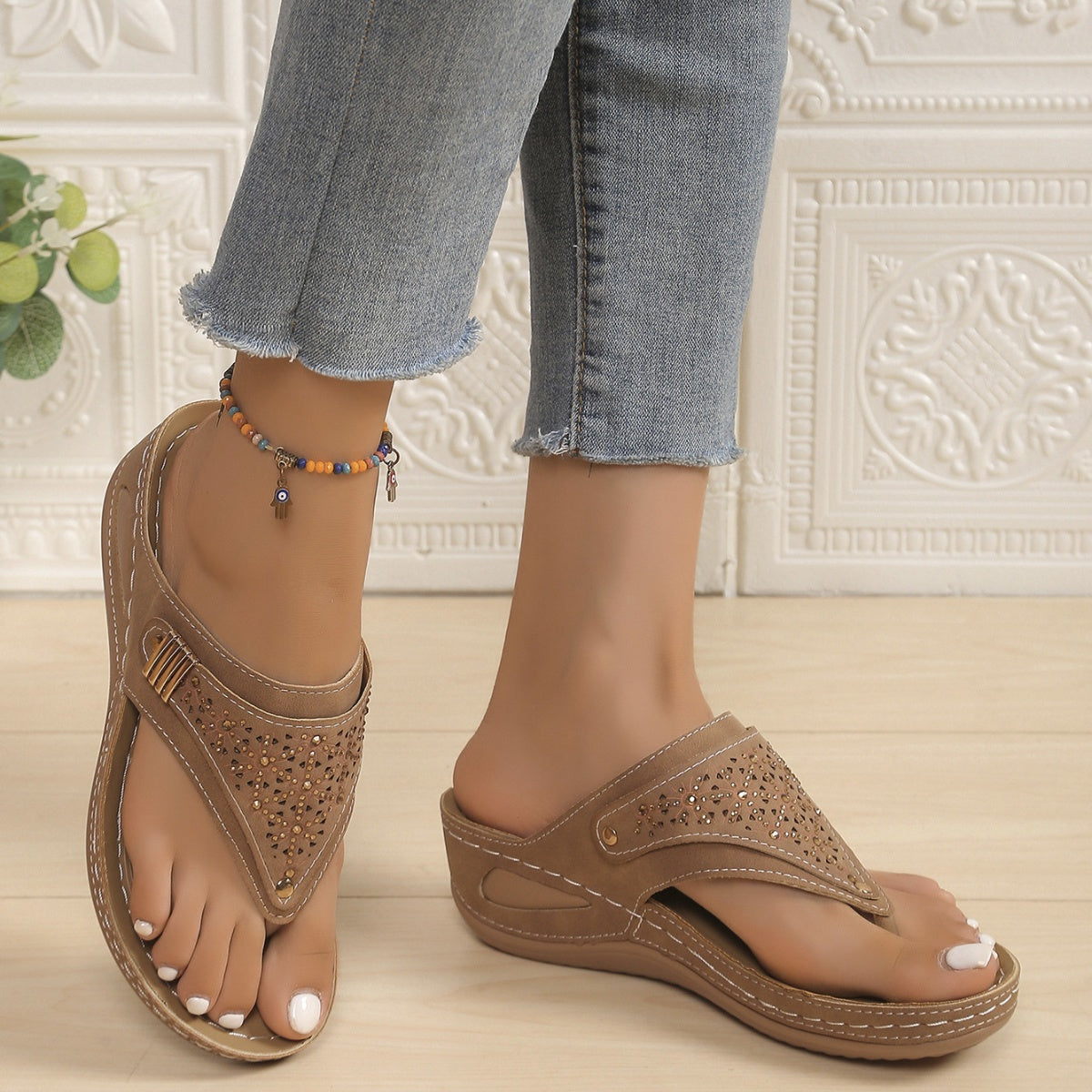 Women's Toe Post Wedge Sandals | Rhinestone Mid Heel Summer Shoes