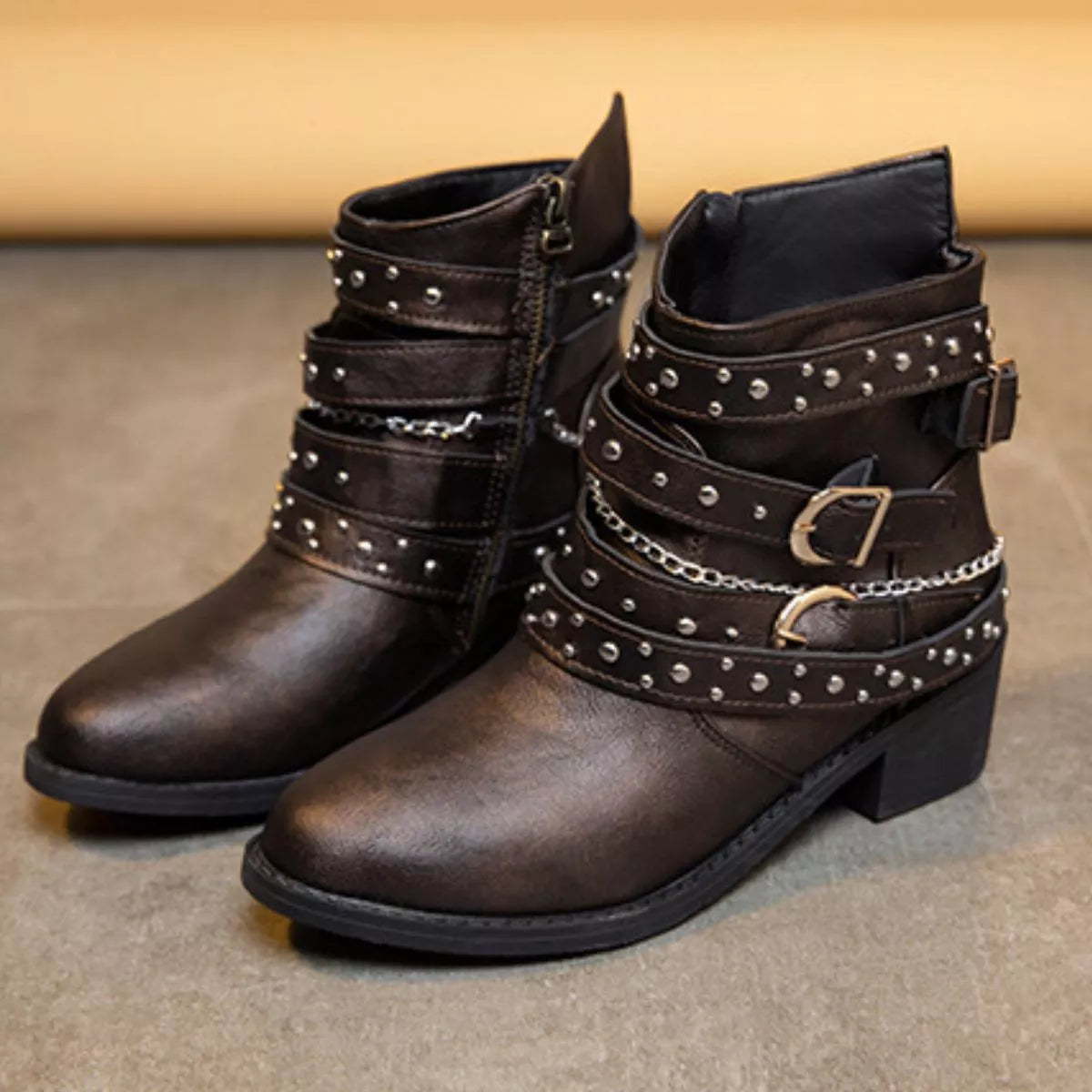 Women's Studded Buckle Ankle Boots – PU Leather Low Heel | 4 Colors