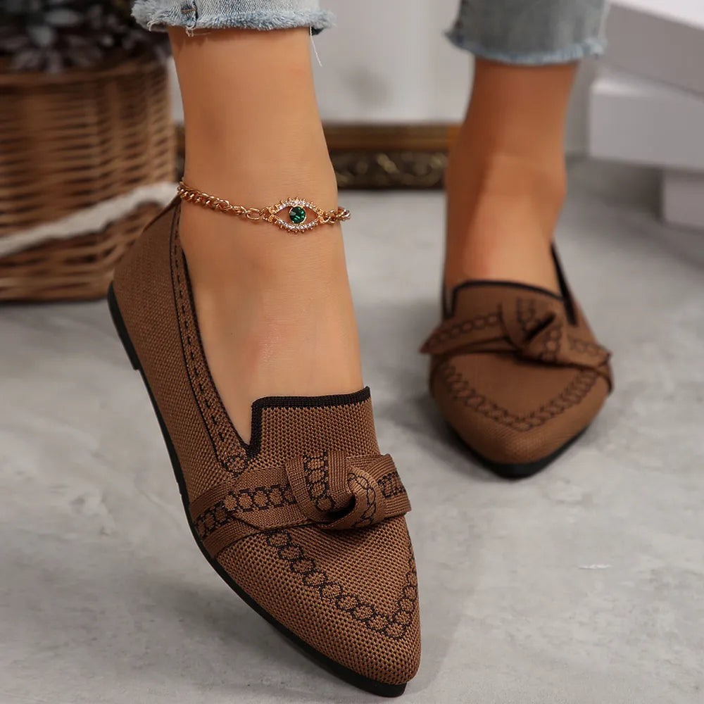 Women's Knitted Slip-On Flats with Bow | Mesh Comfort Shoes