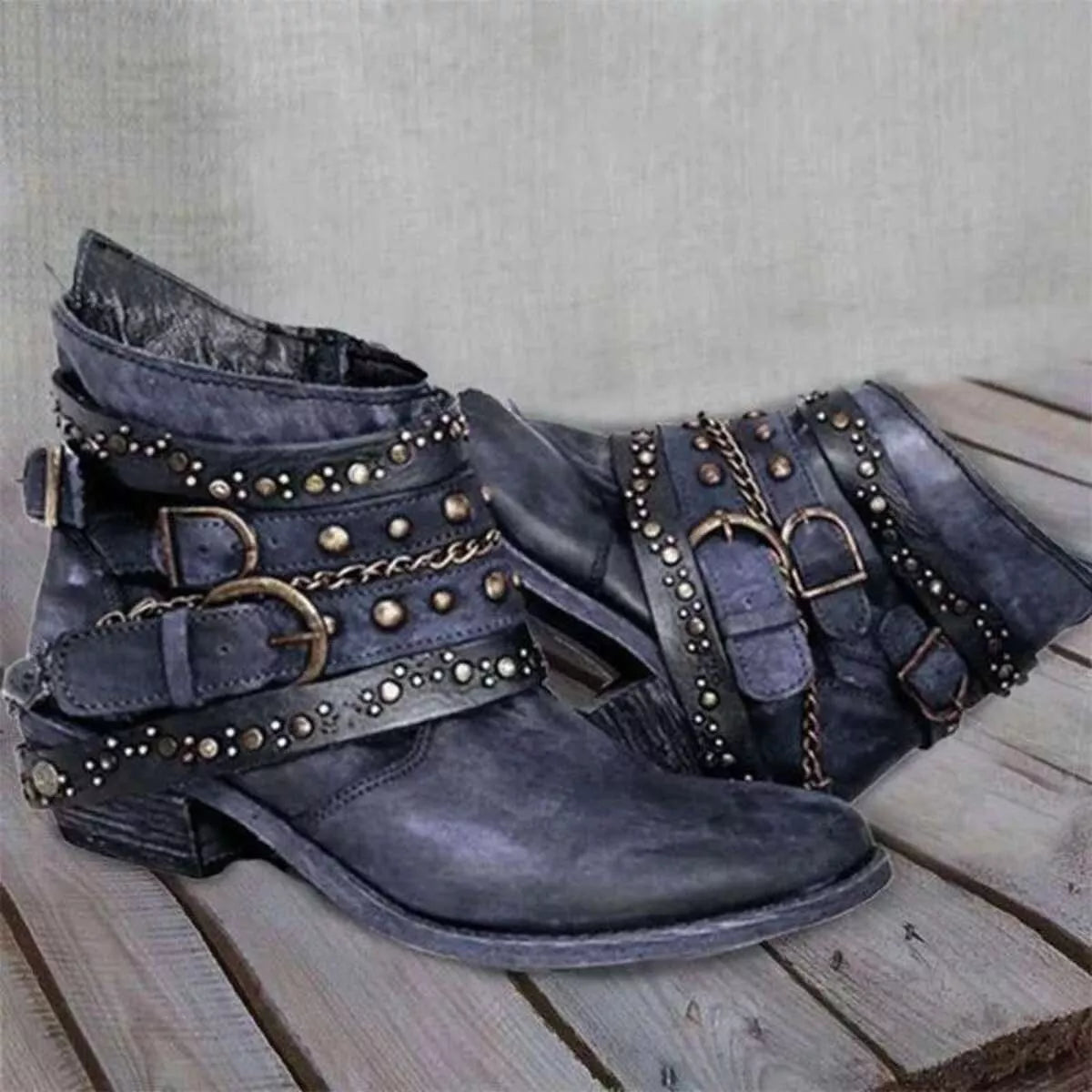 Women's Studded Buckle Ankle Boots – PU Leather Low Heel | 4 Colors