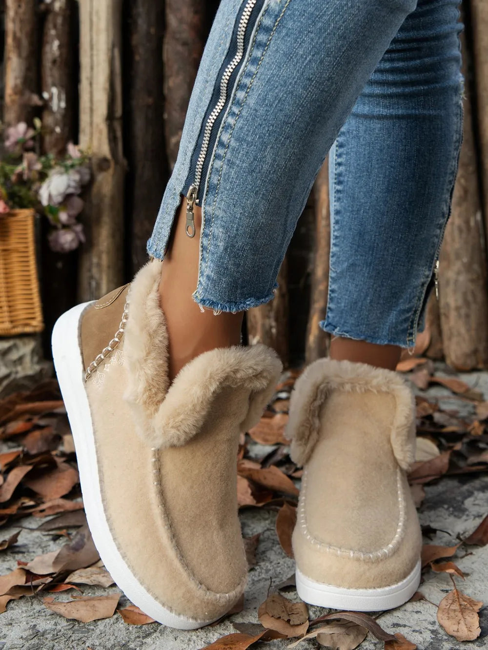 Women's Furry Suede Round Toe Flat Sneakers | Faux Fur Casual Shoes