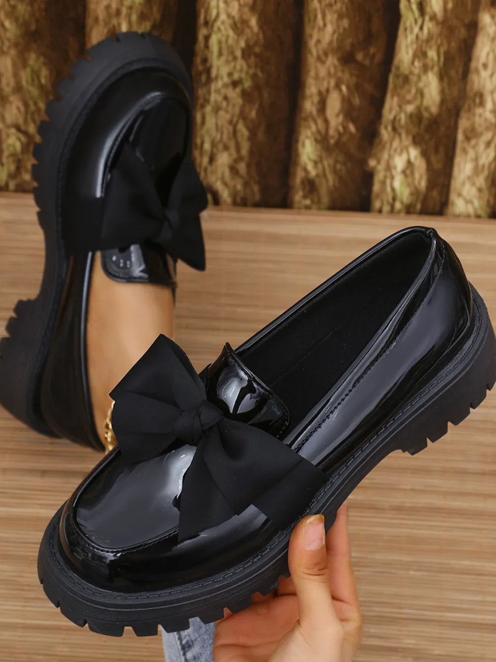 Women's Bow PU Leather Round Toe Loafers | Mid Heel Slip-On Shoes