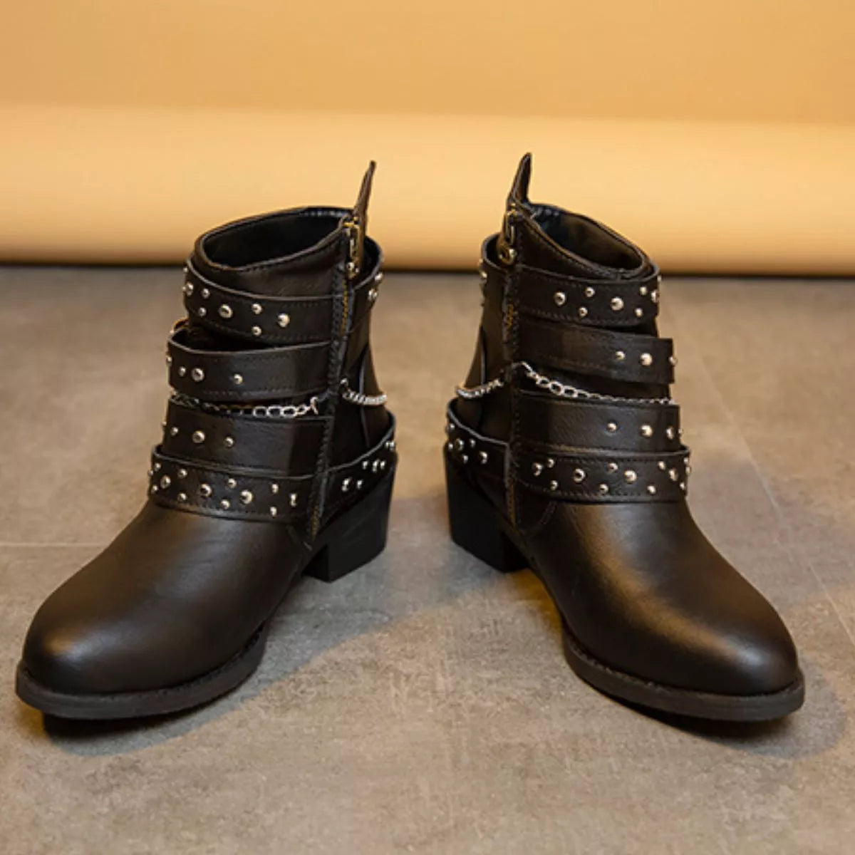 Women's Studded Buckle Ankle Boots – PU Leather Low Heel | 4 Colors
