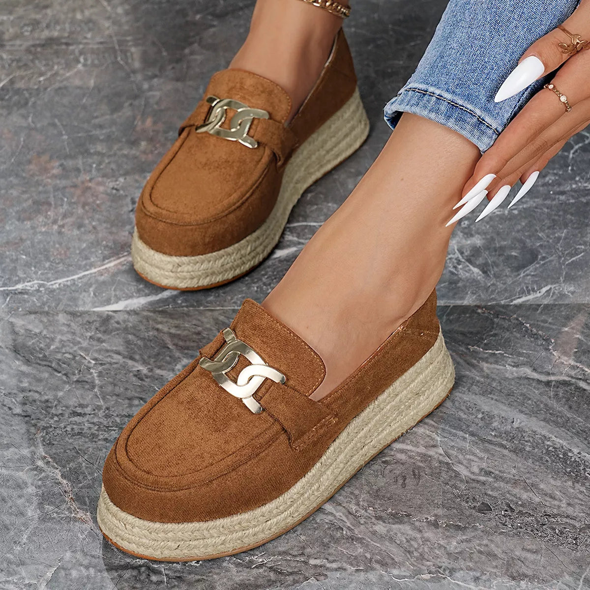 Women’s Round Toe Platform Slip-On Loafers – Suede Flat Shoes | Apricot & Brown