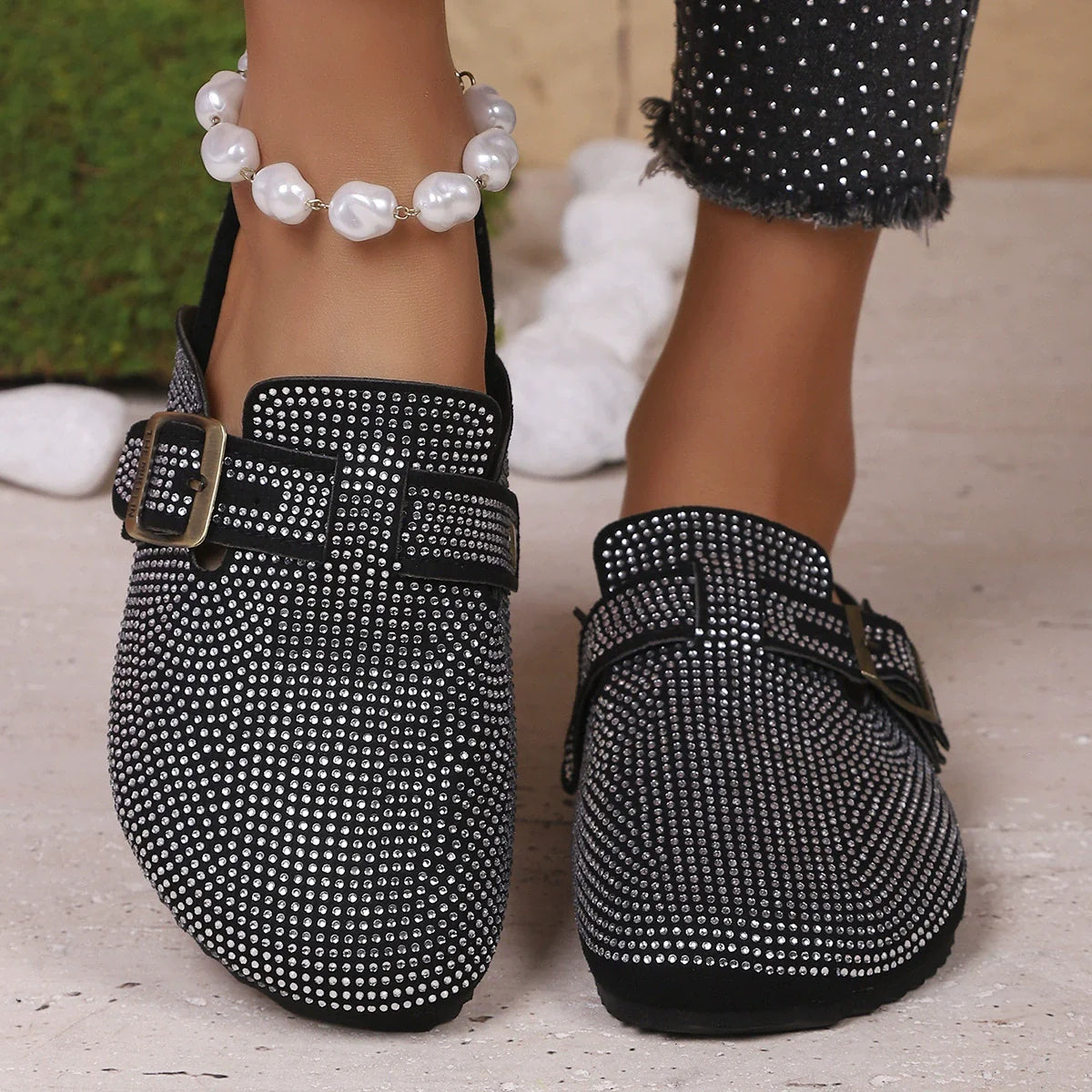 Women's Rhinestone Buckle Accent Slip-Ons | Low Heel PU Leather Shoes