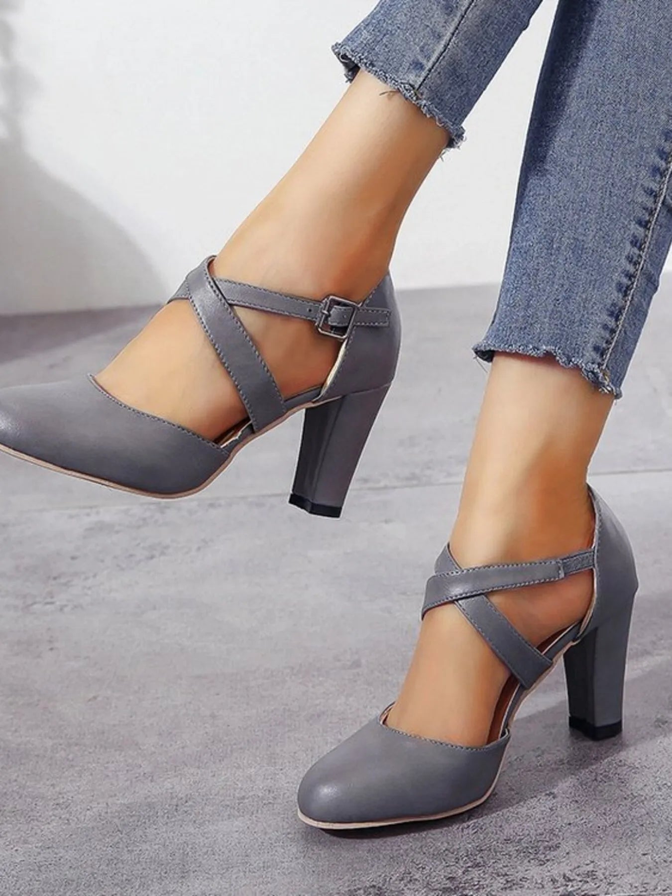 Women's Cross-Strap Block Heel Pumps | High Heel PU Leather Shoes