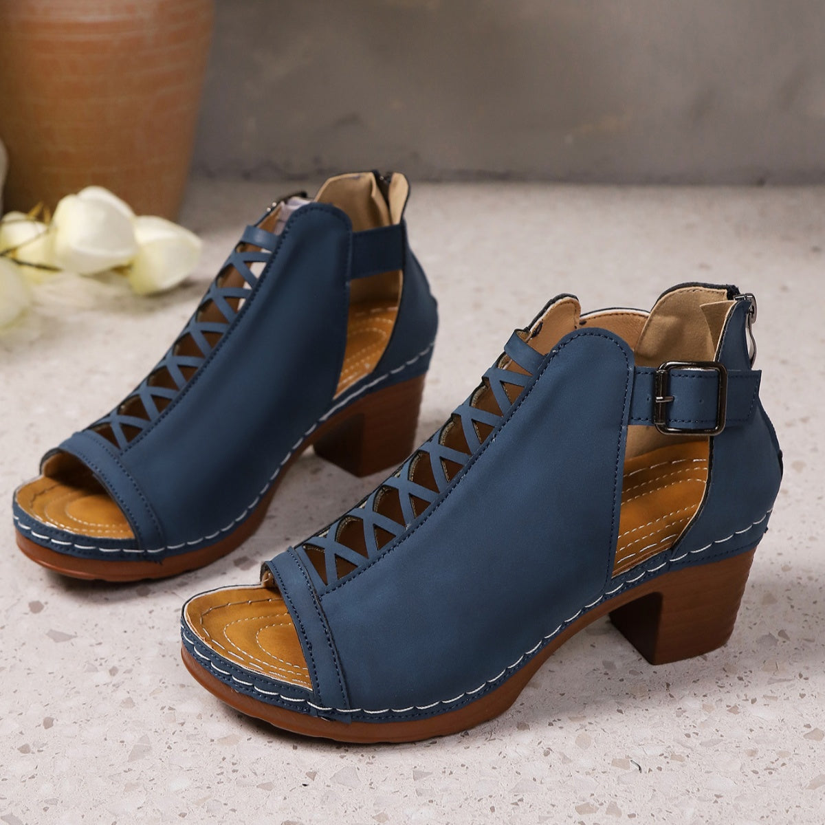Women's Open Toe Block Heel Sandals | PU Leather High Heel Shoes