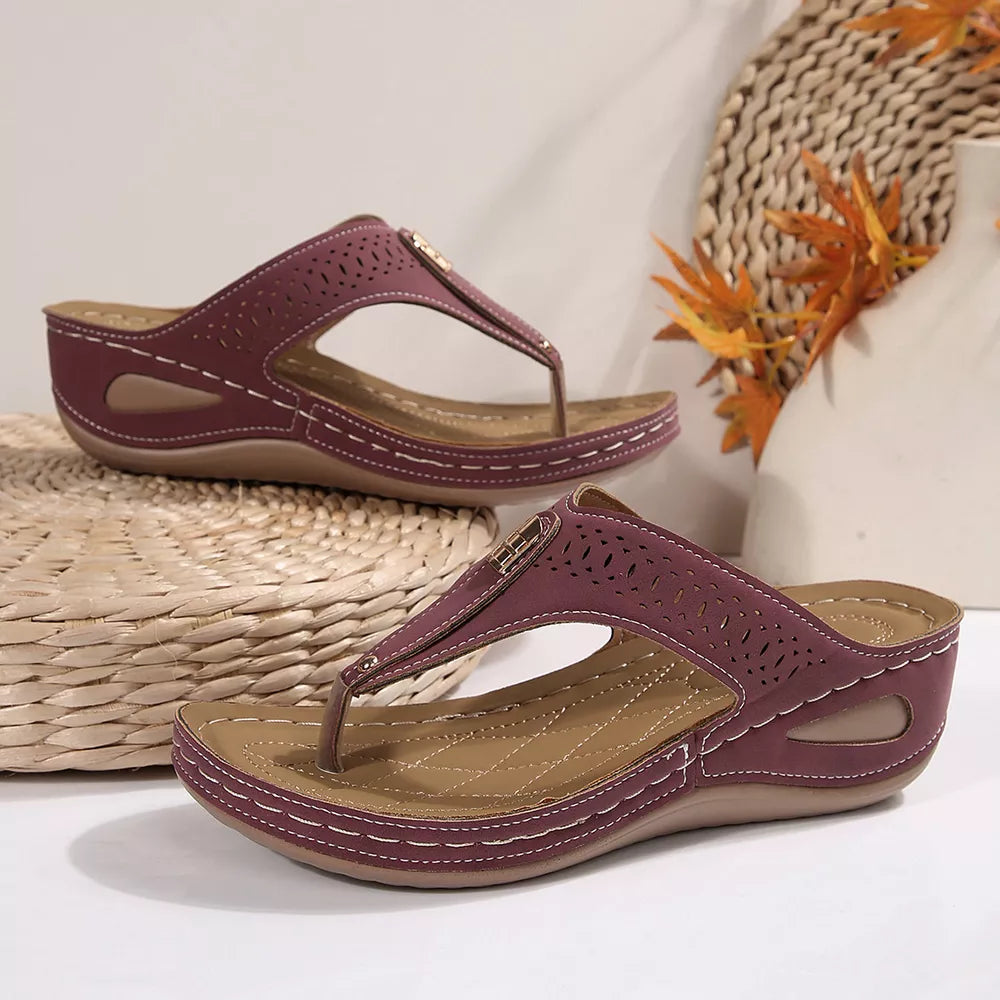 Women's Toe Post Wedge Sandals – Low Heel PU Leather Flip Flop Style