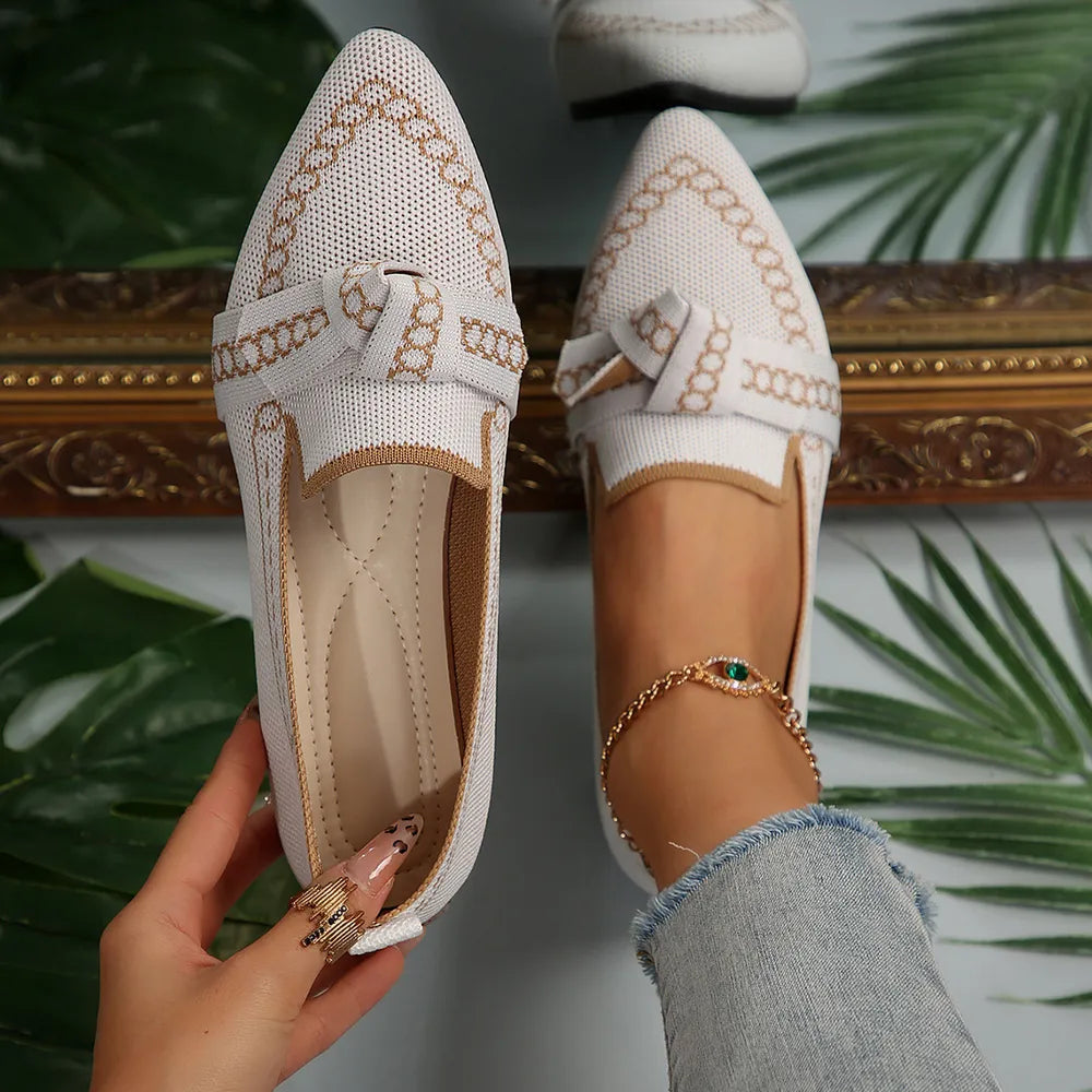 Women's Knitted Slip-On Flats with Bow | Mesh Comfort Shoes