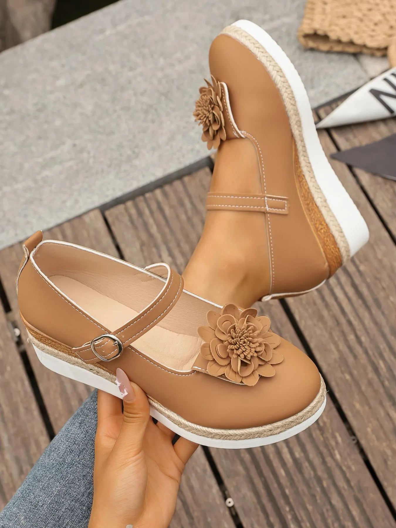 Women's Flower Embellished Mary Jane Loafers | Low Heel PU Leather Shoes