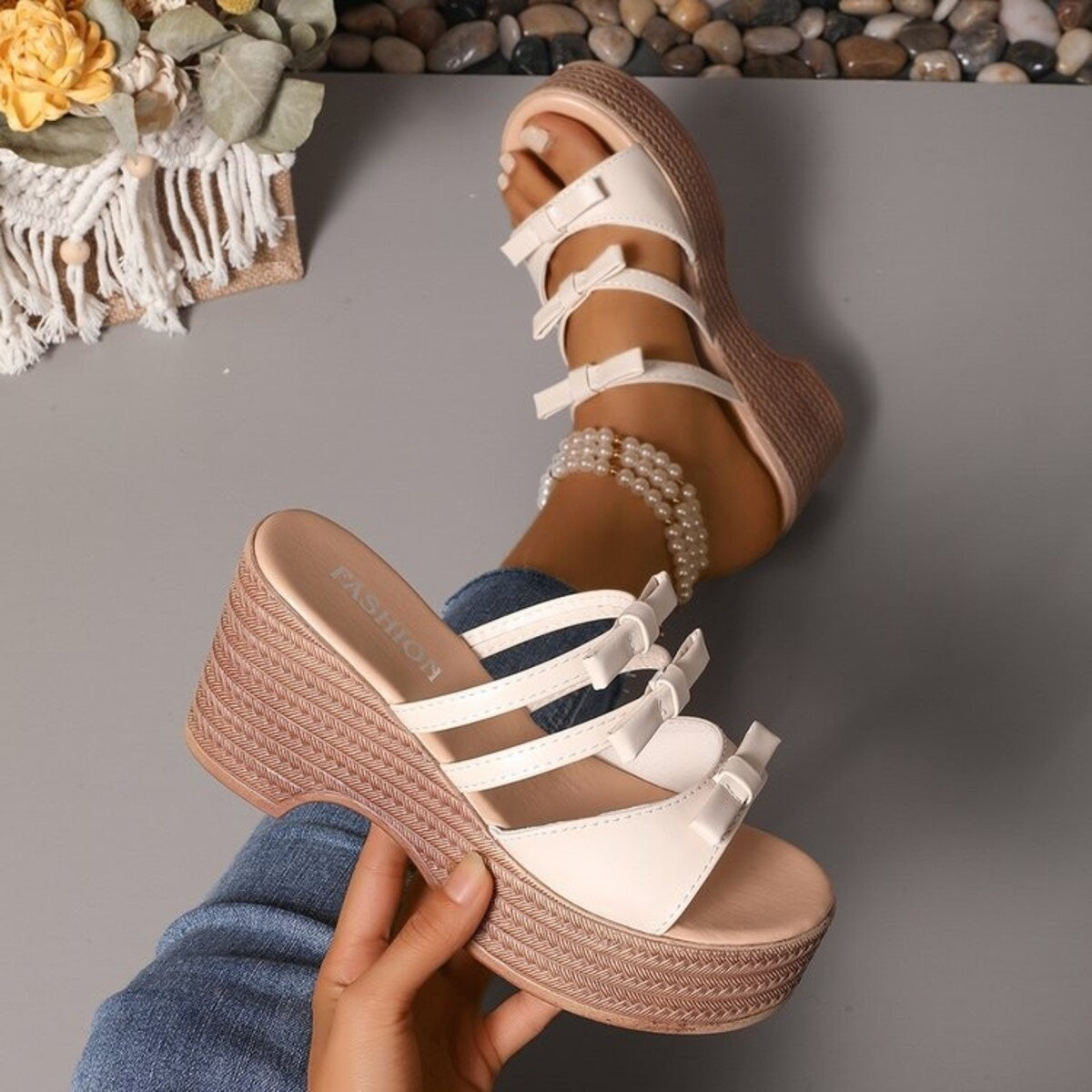Women's Woven Espadrille Wedge Sandals – Mid Heel PU Leather