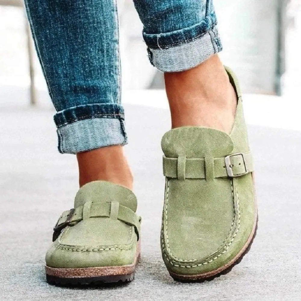 Women's Round Toe Low Heel Buckle Loafers | PU Leather Casual Shoes