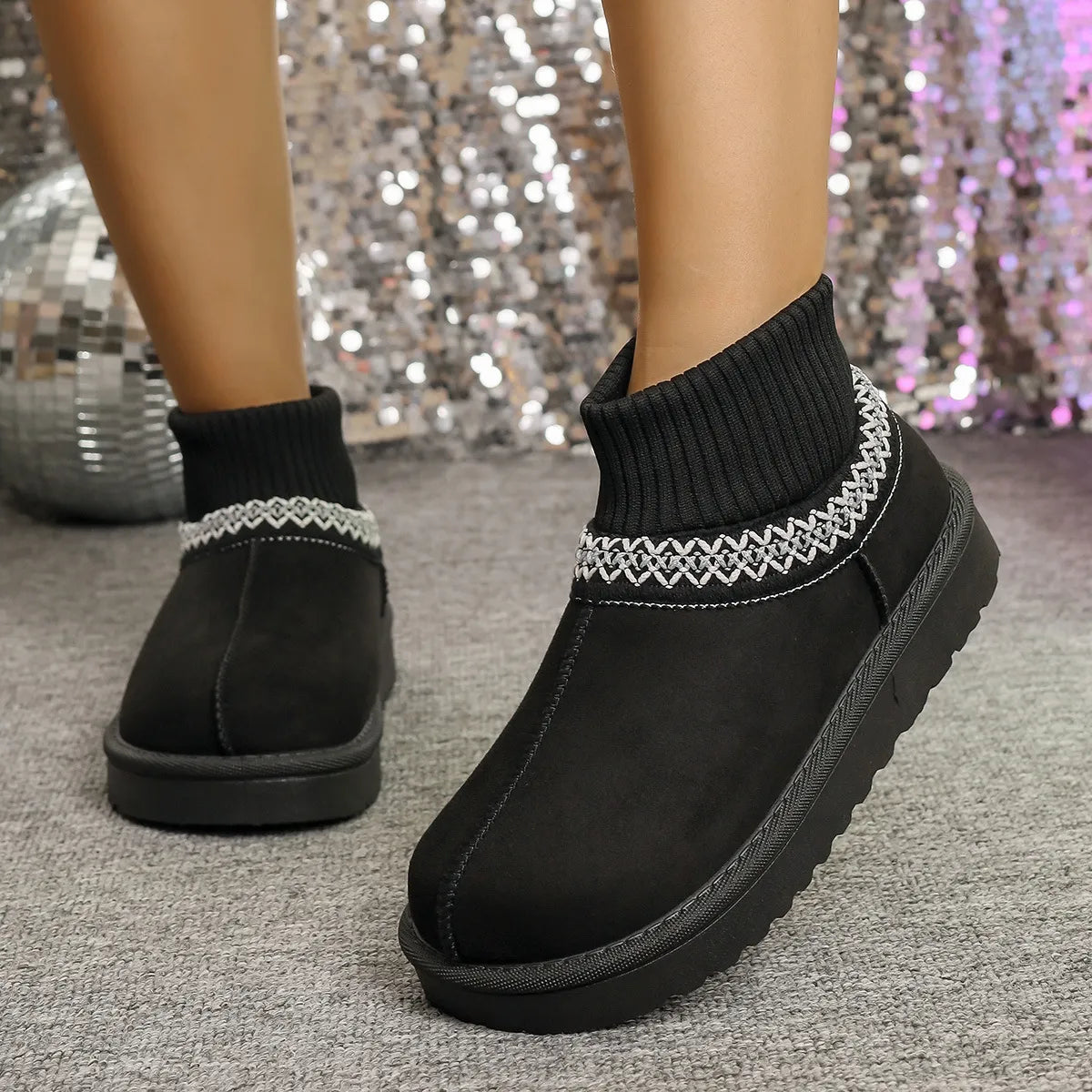 Women's Round Toe Platform Boots – Mesh & PU Leather Flat Boots